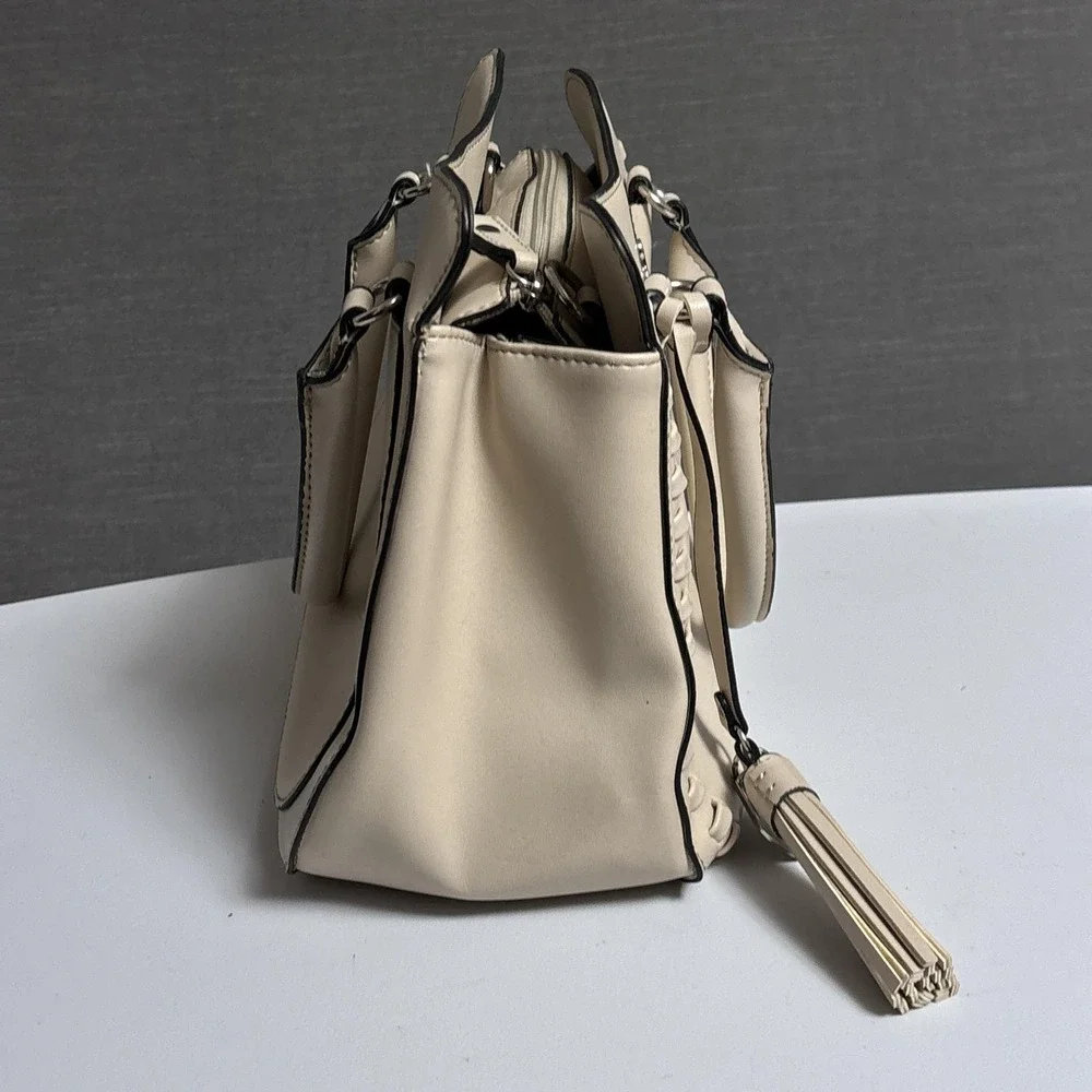 London Fog Satchel‎ Top Double Handle Bag Beige Faux Leather Tassel Purse Medium